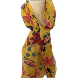 Vintage Retro Yellow Floral Scarf | 14x61 Oblong Sheer Chiffon Mod Abstract Prin